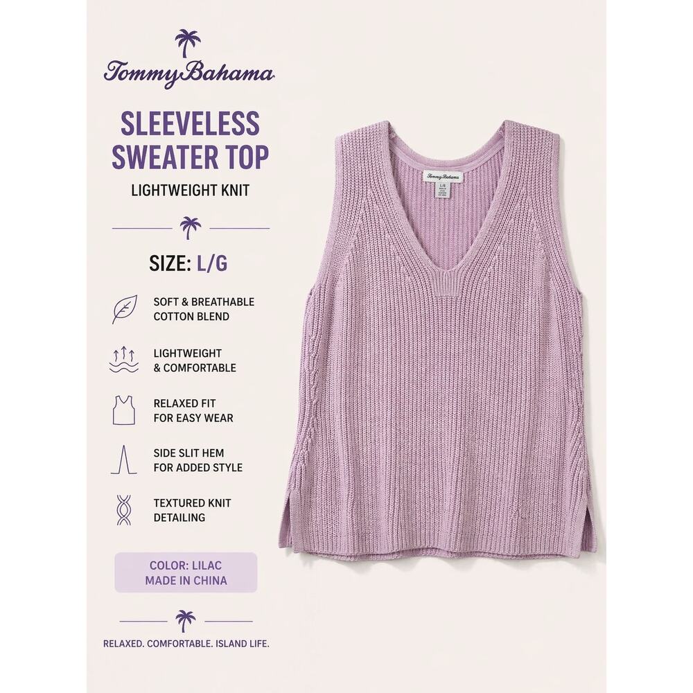 Tommy Bahama Lilac Sleeveless Sweater Top L Knit V-Neck Relaxed Fit
